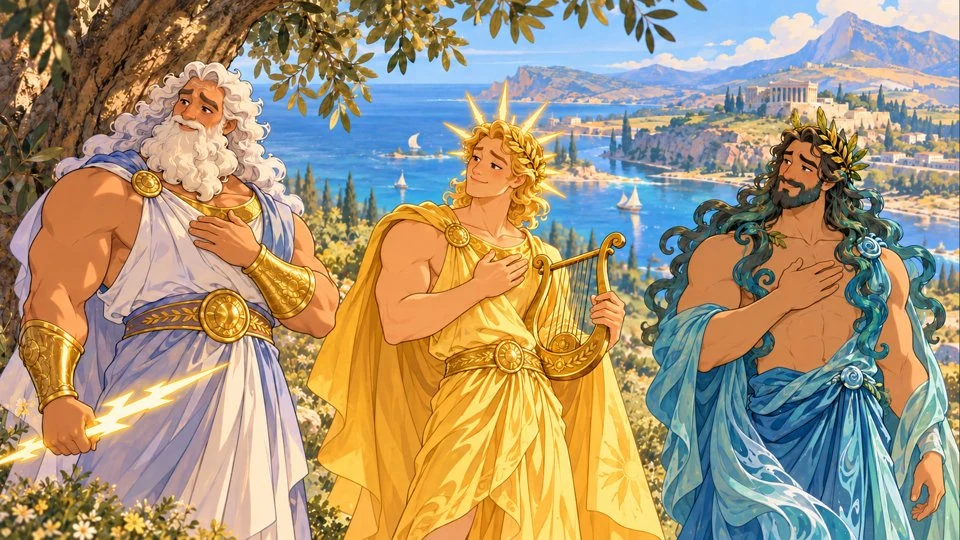 Zeus, Apollo and Halys stand together, each convinced of his own appeal.