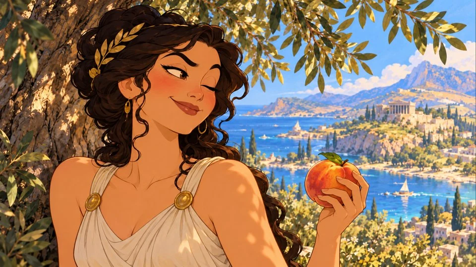 Sinope gives an amused sideways glance while holding a peach.